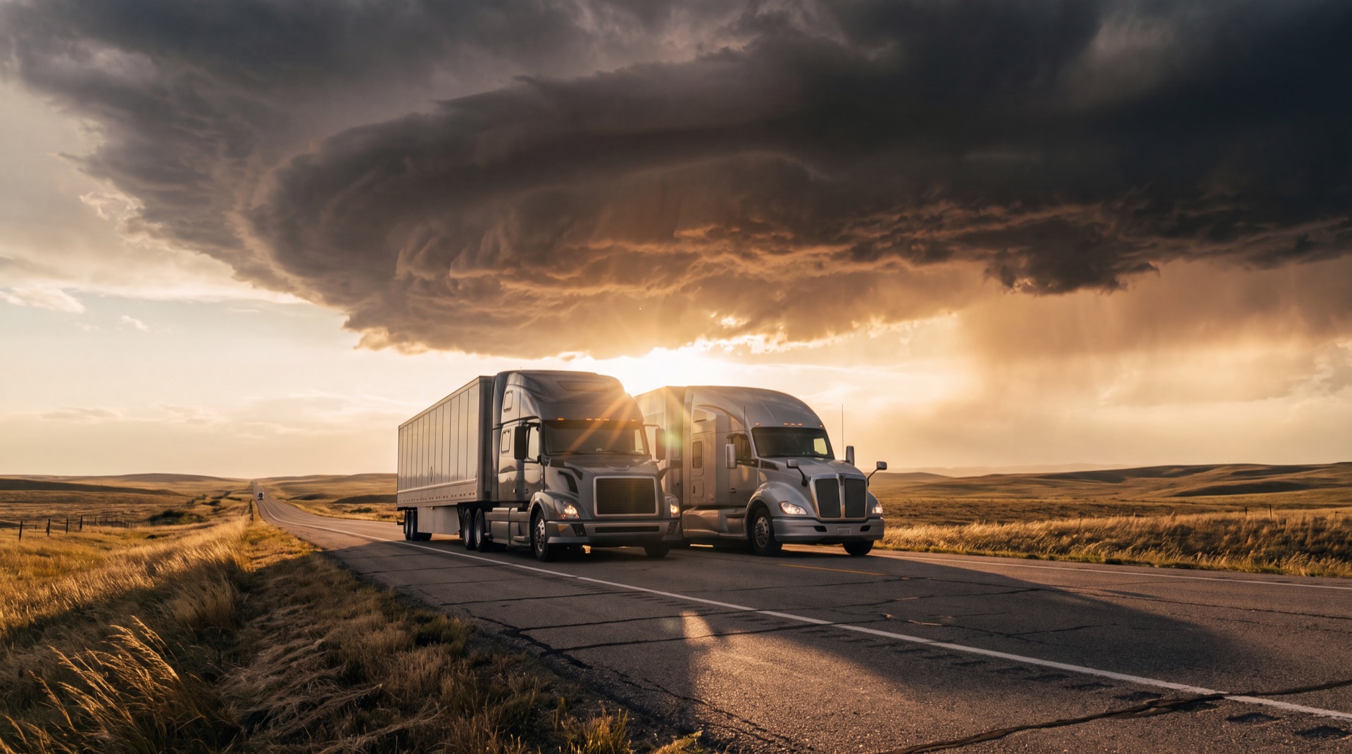 DBNS trucks on a Manitoba highway under a storm sky